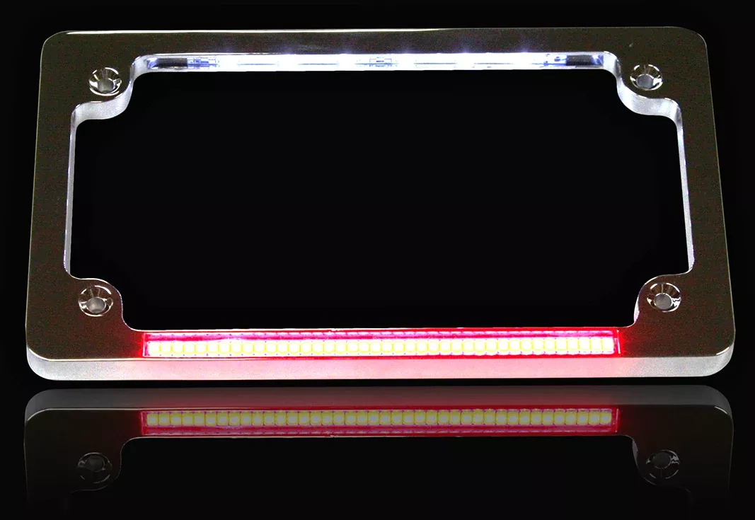 Custom Dynamics Red Brake Light LED Chrome Motorcycle License Plate Frame Harley