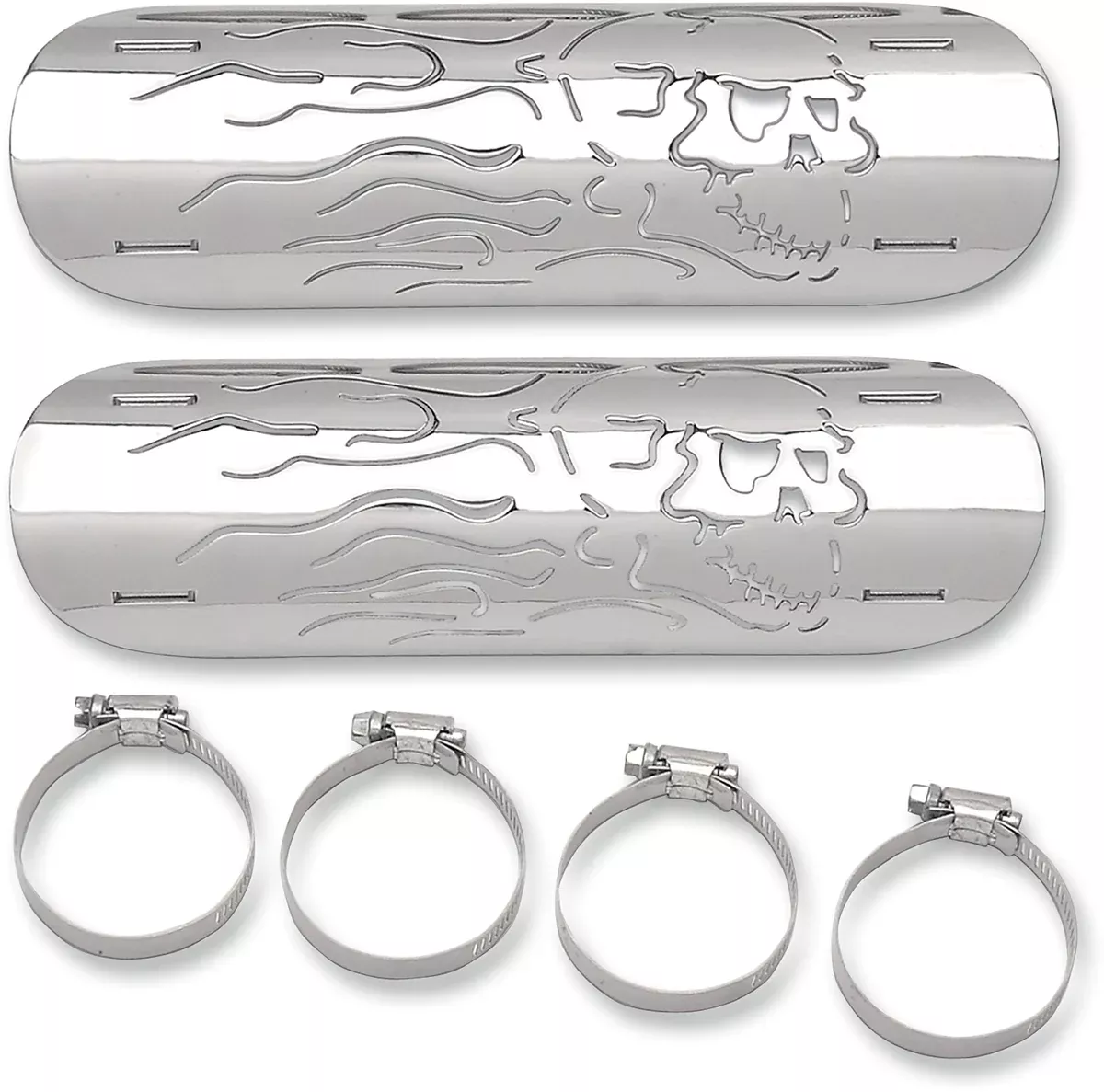 Drag Specialties 10" Chrome Flame Skull Exhaust Heat Shields for Harley Davidson