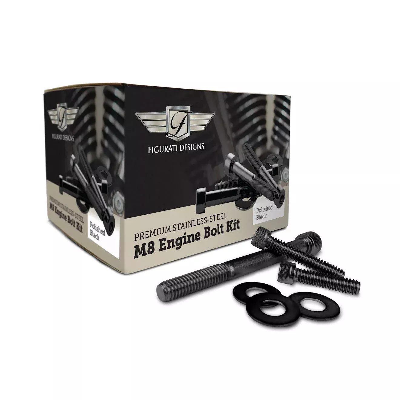 Figuati Designs Engine Bolt Kit M8 Polished Black Stainless-Steel