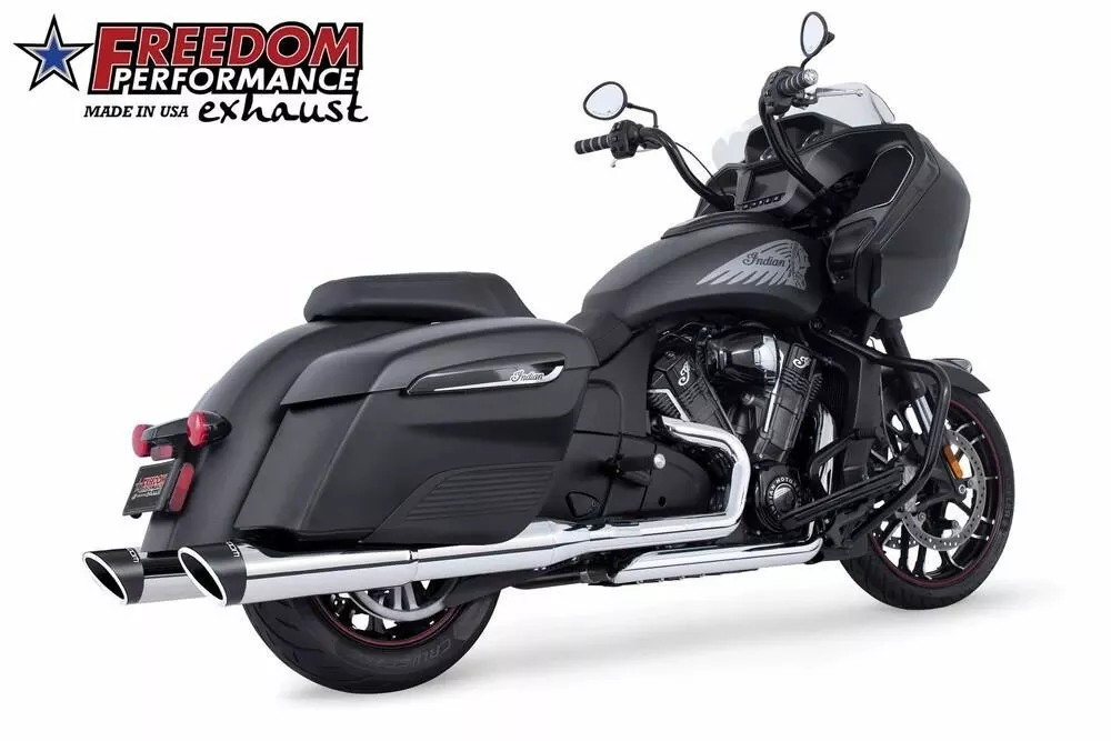 Freedom Performance 2 Step 4.5″ Mufflers for ’14-20 Indian Chieftain, Roadmaster, Pursuit and Challenger – Black with Pitch Slash Cut Tip