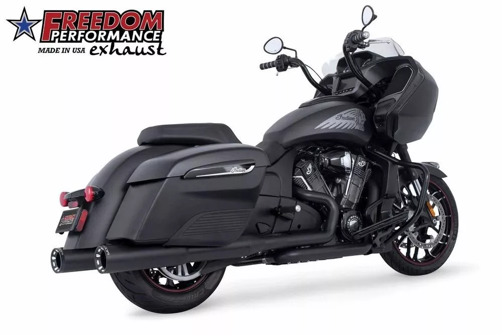 Freedom Performance 2 Step 4.5" Mufflers for '14-Up Indian Chieftain, Roadmaster, Pursuit and Challenger with Hard Bags - Chrome with Chrome Star End Tips