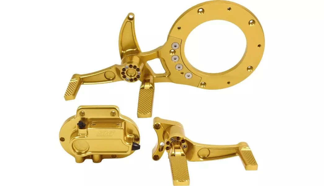 HHI Dominator Mid Control Conversion for ’21-23 Harley Davidson Touring Models – Gold/Knurled Pegs