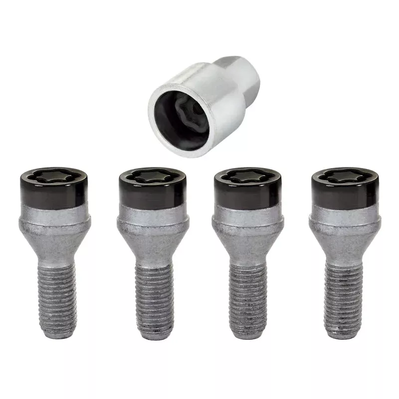 McGard Wheel Lock Bolt Set – 4pk. (Cone Seat) M12X1.25 / 19mm Hex / 25.6mm Shank Length – Black fits 2013-2023 Chrysler 200 / Dodge Dart / Jeep Cherokee / Jeep Compass