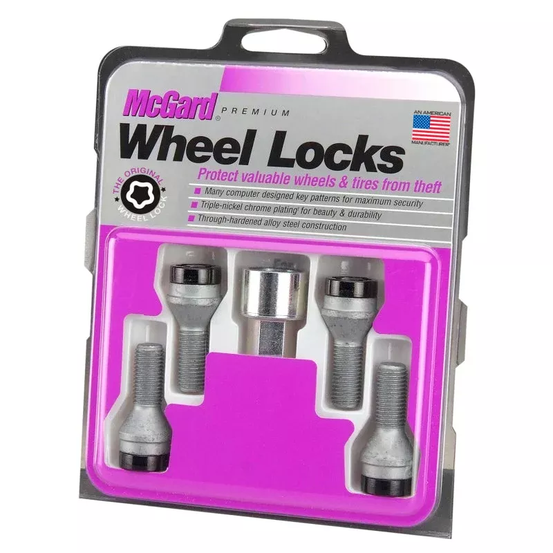 McGard Wheel Lock Bolt Set – 4pk. (Cone Seat) M14X1.25 / 17mm Hex / 27.3mm Shank Length – Black fits 2006-2024 BMW / Mini