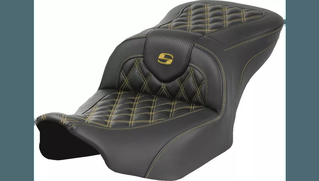 Saddlemen Carbon Fiber Roadsofa Seat (without driver backrest) for '24-Up Harley Davidson Road Glide, Street Glide and '23-25 CVO FLTRSE, CVO FLHXSE Models - Gold Lattice Stitch