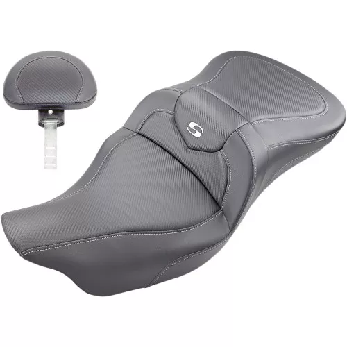 Saddlemen Extended Reach Road Sofa Seat w/ Backrest for 2008-2023 Harley Touring - Carbon Fiber
