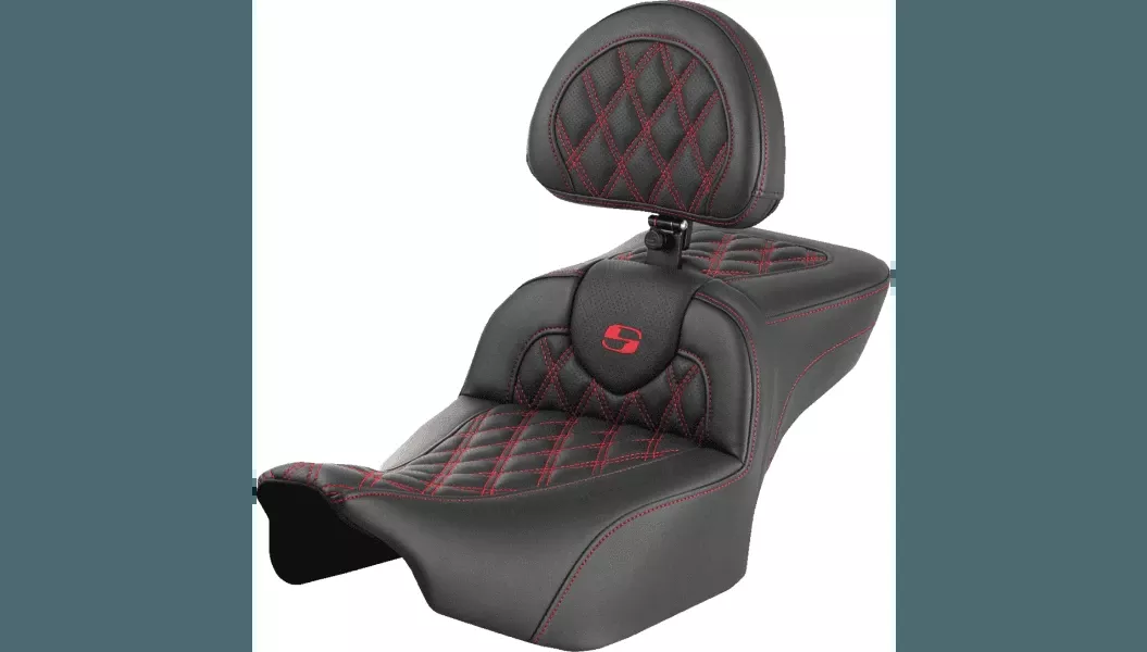 Saddlemen Extended Roadsofa Lattice Stitch Seat with Backrest for '24-Up Harley Davidson Street Glide, Road Glide and '23-24 CVO FLHXSE, CVO FLTRSE - Gold Stitching
