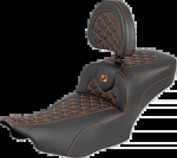 Saddlemen Roadsofa™ Extended Reach Seat - with Backrest - Orange Stitch - FLH/FLT '23-'25 - 823-07-211B3