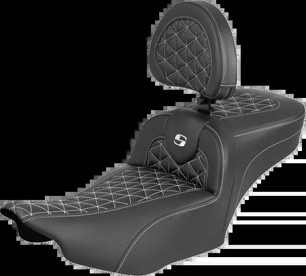 Saddlemen Roadsofa™ Extended Reach Seat – With Backrest – White Stitch – FLH/FLT ’23-’25