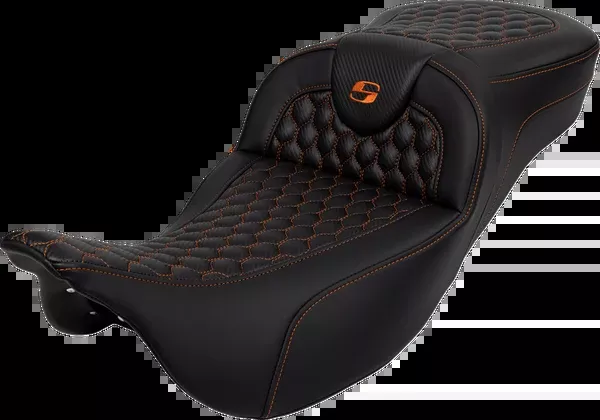 Saddlemen RoadSofa™ Seat – Honeycomb – Orange Stitch – Extended Reach – Without Backrest – FLH/FLT ’08-’24