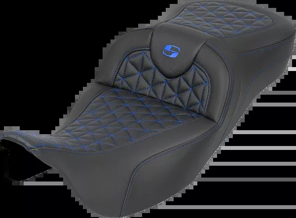 Saddlemen RoadSofa™ Tri Gripper Seat - Extended Reach - Blue Stitch - W/O Backrest - FLH/FLT '08-'25