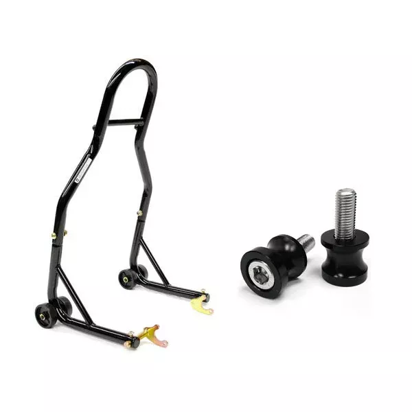 Venom Motorcycle Rear Wheel Swingarm Spool Lift Stand + 10mm Black Swingarm Spools