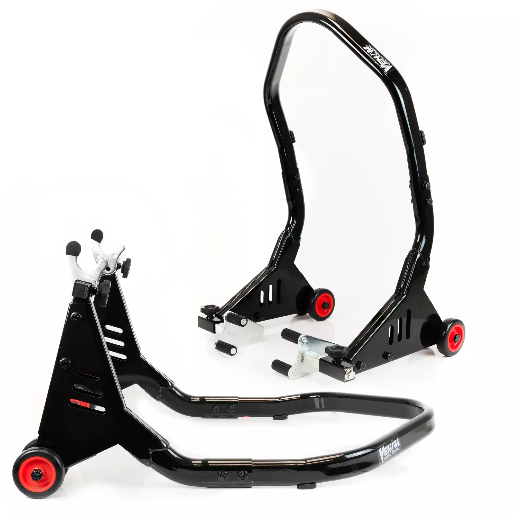 Venom Motorcycle Stand Front and Rear Lift Stand Combo, Universal Swingarm Spool Lift + Fork Paddock Stand